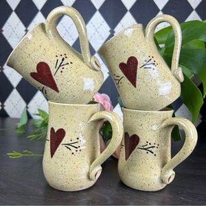 Studio Pottery Mug Set Stoneware Four Cups Heart Motif Primitive